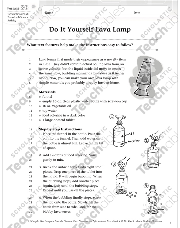 Do-It-Yourself Lava Lamp: Text & Questions | Printable Texts, Skills Sheets