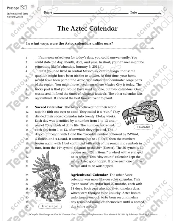 the aztec calendar text questions printable texts skills sheets