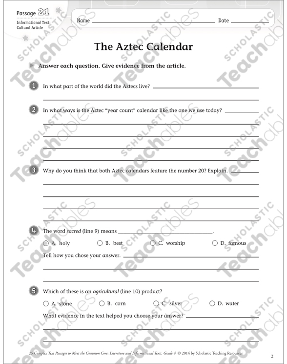 The Aztec Calendar Text Questions Printable Texts And Skills