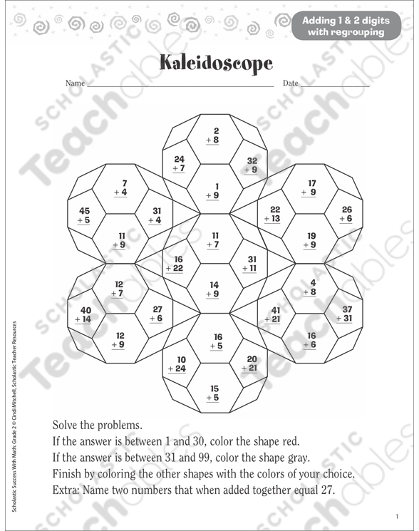 Kaleidoscope (Add 1 & 2 Digits, With Regrouping) | Printable ...