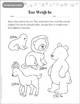 zoo weigh in comparing weights printable skills sheets cut and pastes
