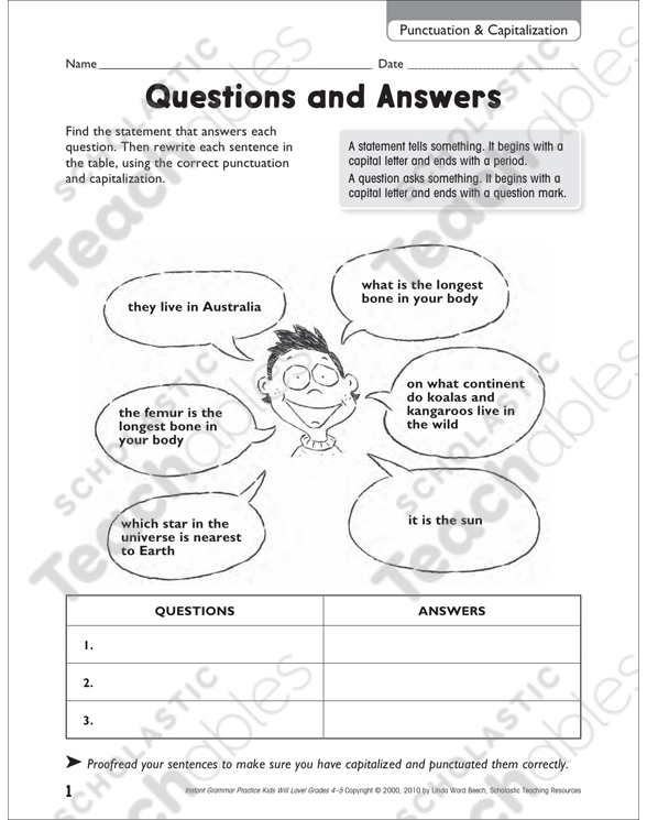 questions and answers punctuation capitalization printable skills sheets