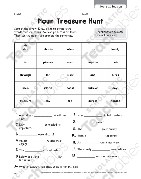 Noun Treasure Hunt (Nouns as Subjects) Printable Skills Sheets