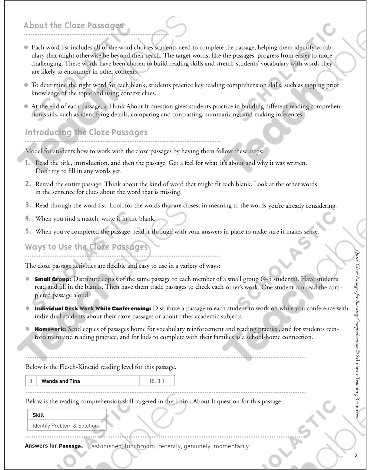 Wanda and Tina: Quick Cloze Passage | Printable Lesson Plans ...