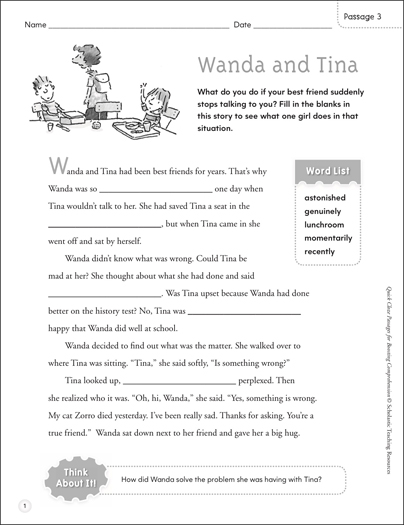 Wanda and Tina: Quick Cloze Passage | Printable Lesson Plans ...