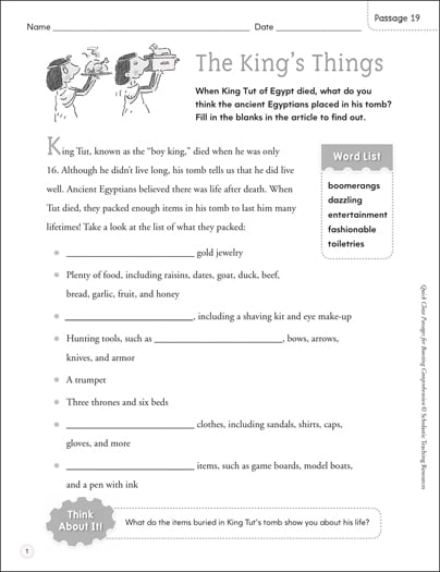 The King's Things: Quick Cloze Passage | Printable Lesson ...