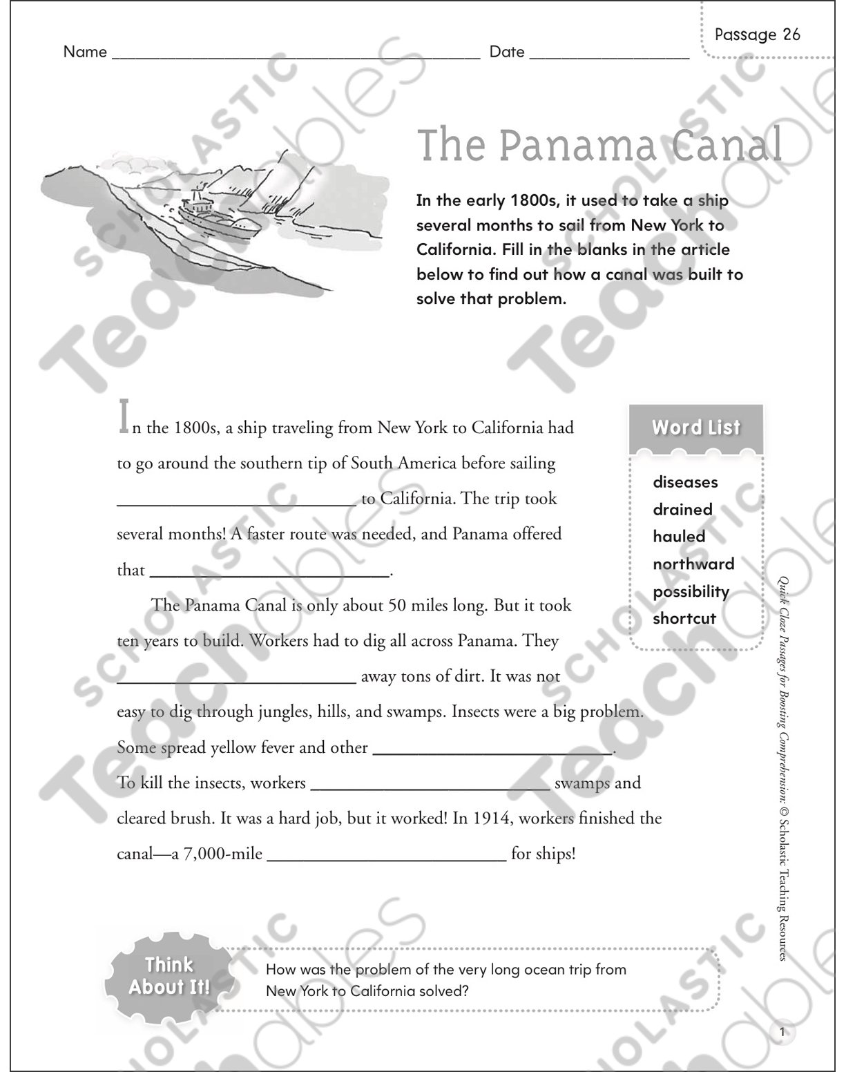 The Panama Canal: Quick Cloze Passage | Printable Lesson ...