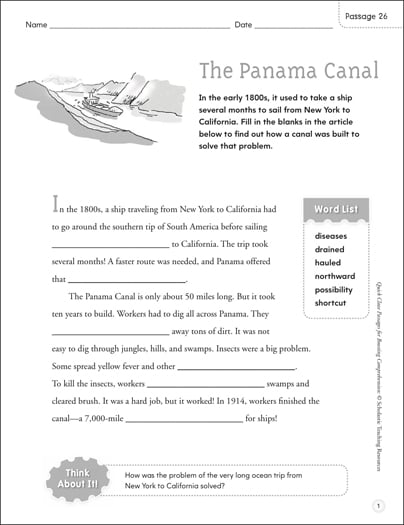 The Panama Canal: Quick Cloze Passage | Printable Lesson ...