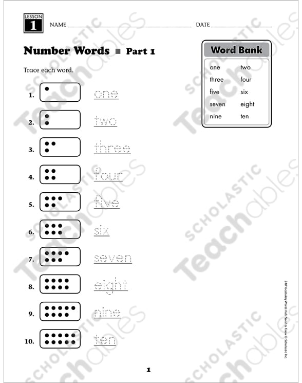 Number Words: Grade 1 Vocabulary | Printable Skills Sheets