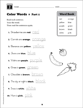 Color Words Grade 1 Vocabulary Printable Skills Sheets