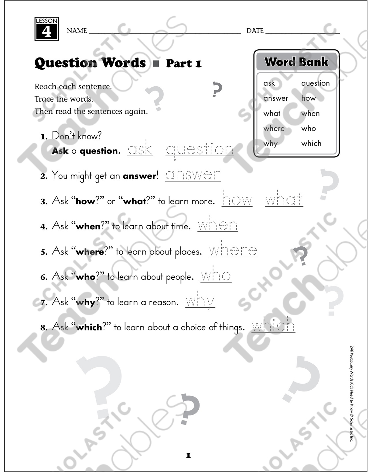 question words grade 1 vocabulary printable skills sheets