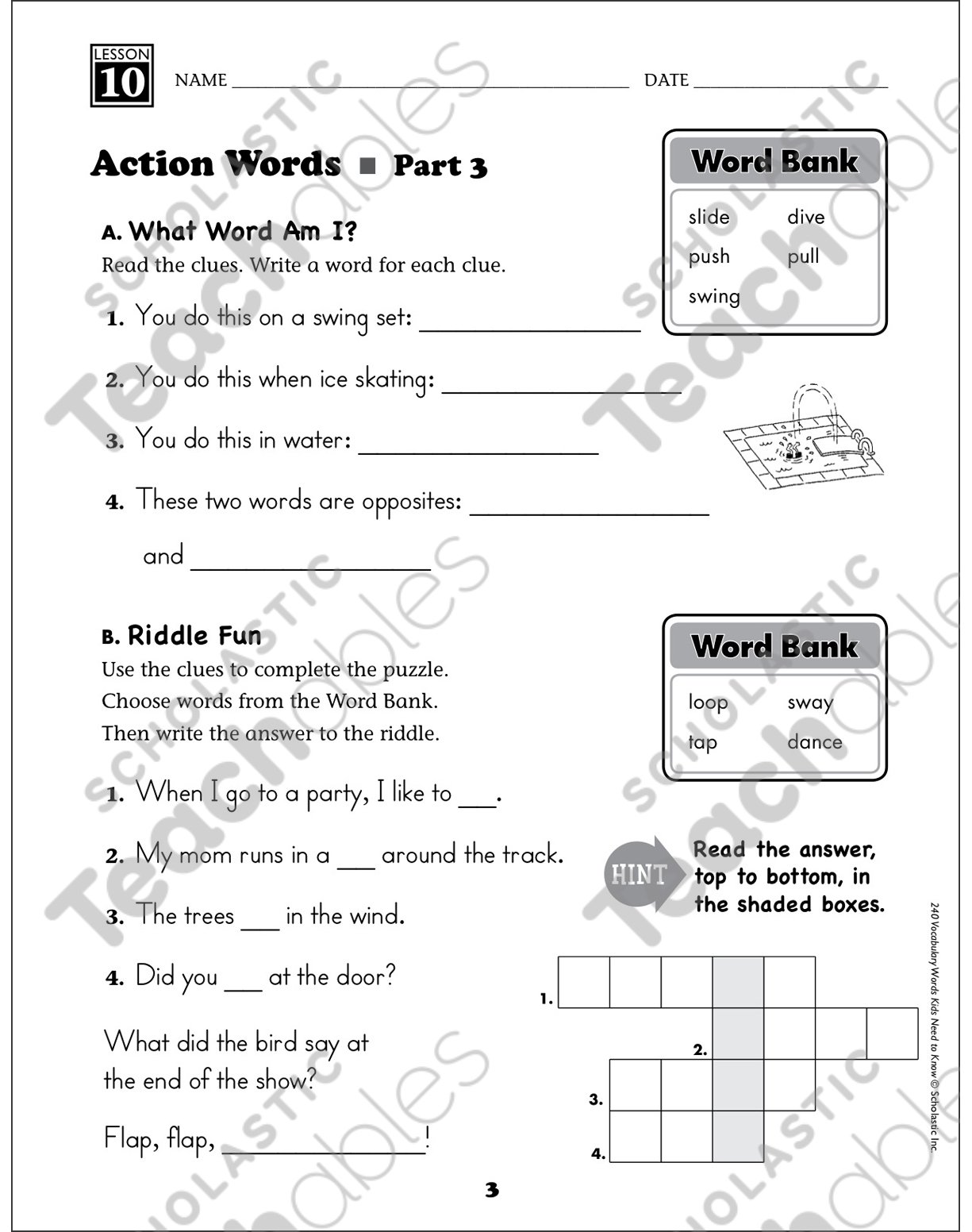 Action Words Grade 1 Vocabulary (with puzzles) Printable Skills Sheets