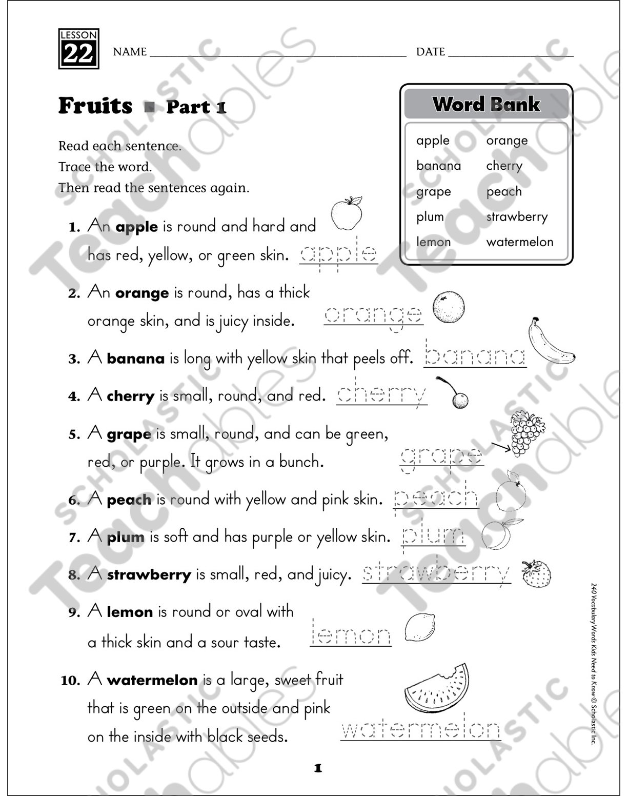 Fruits (Content Words): Grade 1 Vocabulary | Printable Skills ...