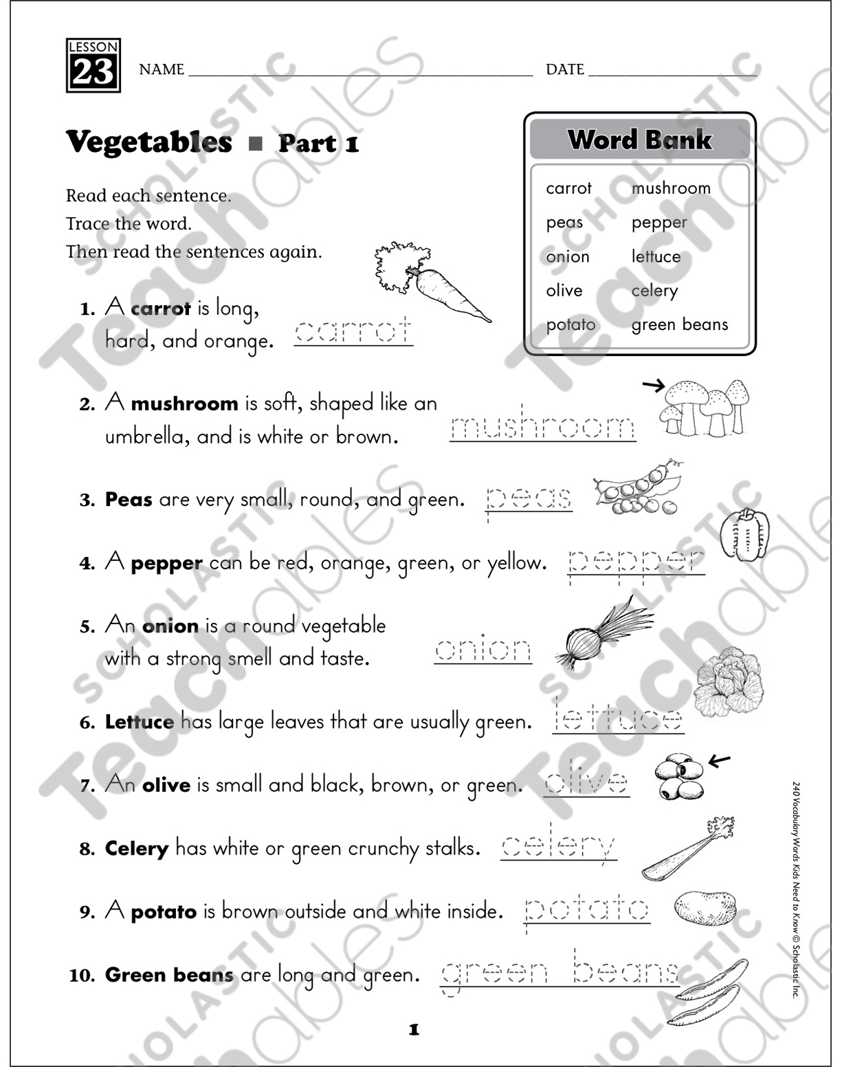 Vegetables Content Words Grade 1 Vocabulary Printable Skills Sheets