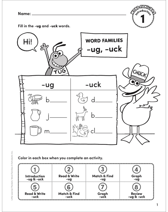 Word Families Packet 5 ug, uck Printable Skills Sheets