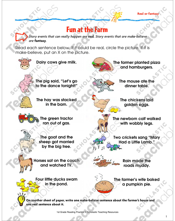 Fun At The Farm Reading Passage And Activity Real Of Fantasy Printable Skills Sheets