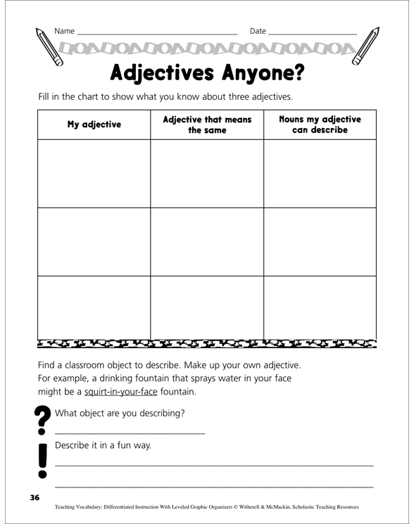 Adjectives: Leveled Graphic Organizer Set | Printable Graphic ...