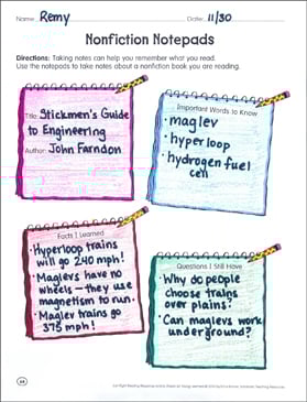 Nonfiction Notepads Reading Response Organizer Printable