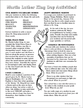 Martin Luther King Day Activities Printable Lesson Plans And Ideas Skills Sheets