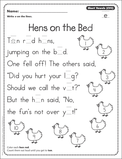 Hens on the Bed (Short e Vowel - CVC): Phonics Poetry Page 
