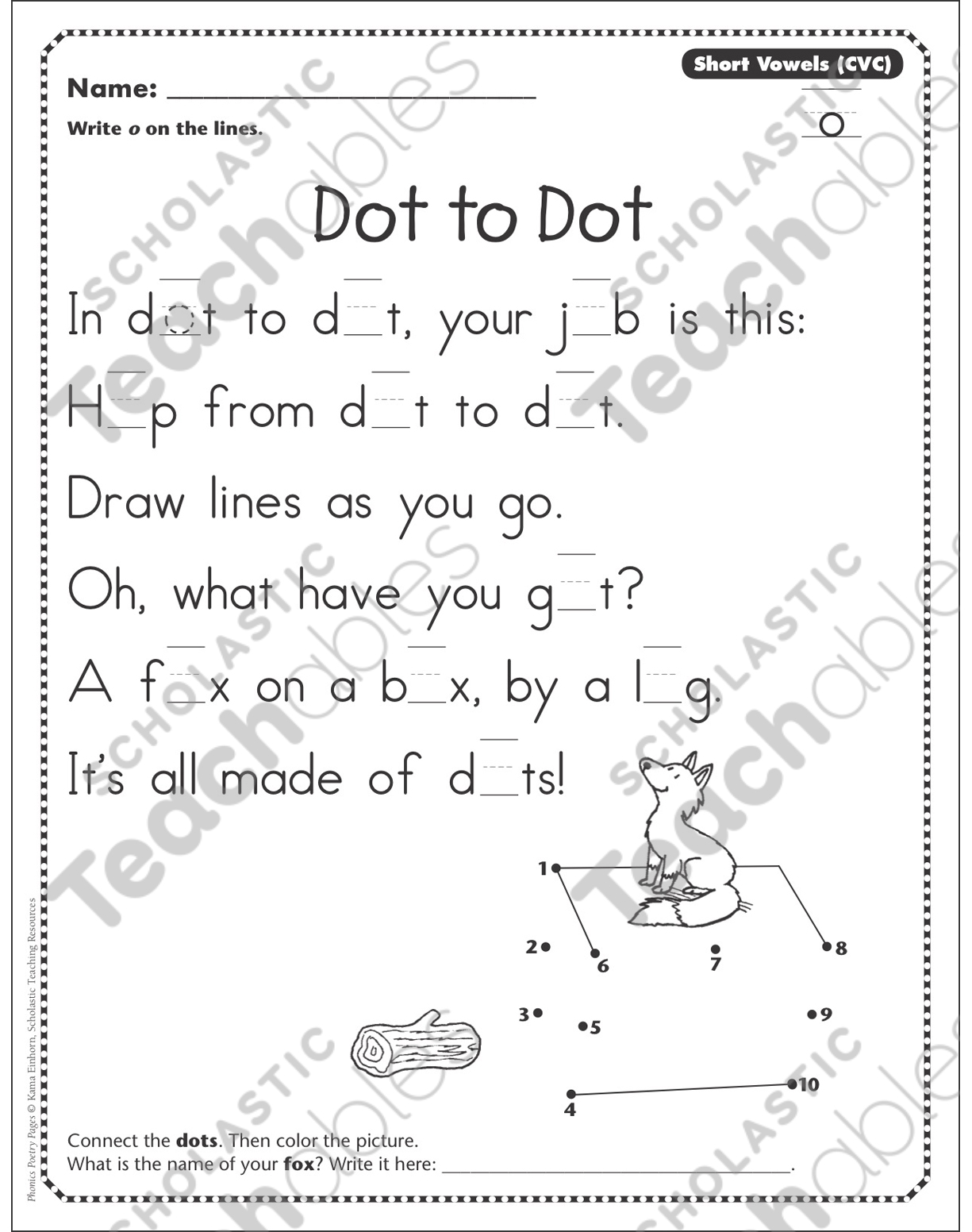 Dot To Dot Short O Vowel Cvc Phonics Poetry Page Printable Connect The Dots Skills Sheets
