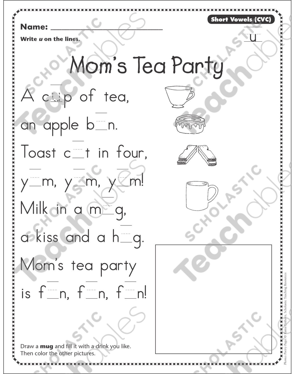 Mom S Tea Party Short U Vowel Cvc Phonics Poetry Page Printable Skills Sheets