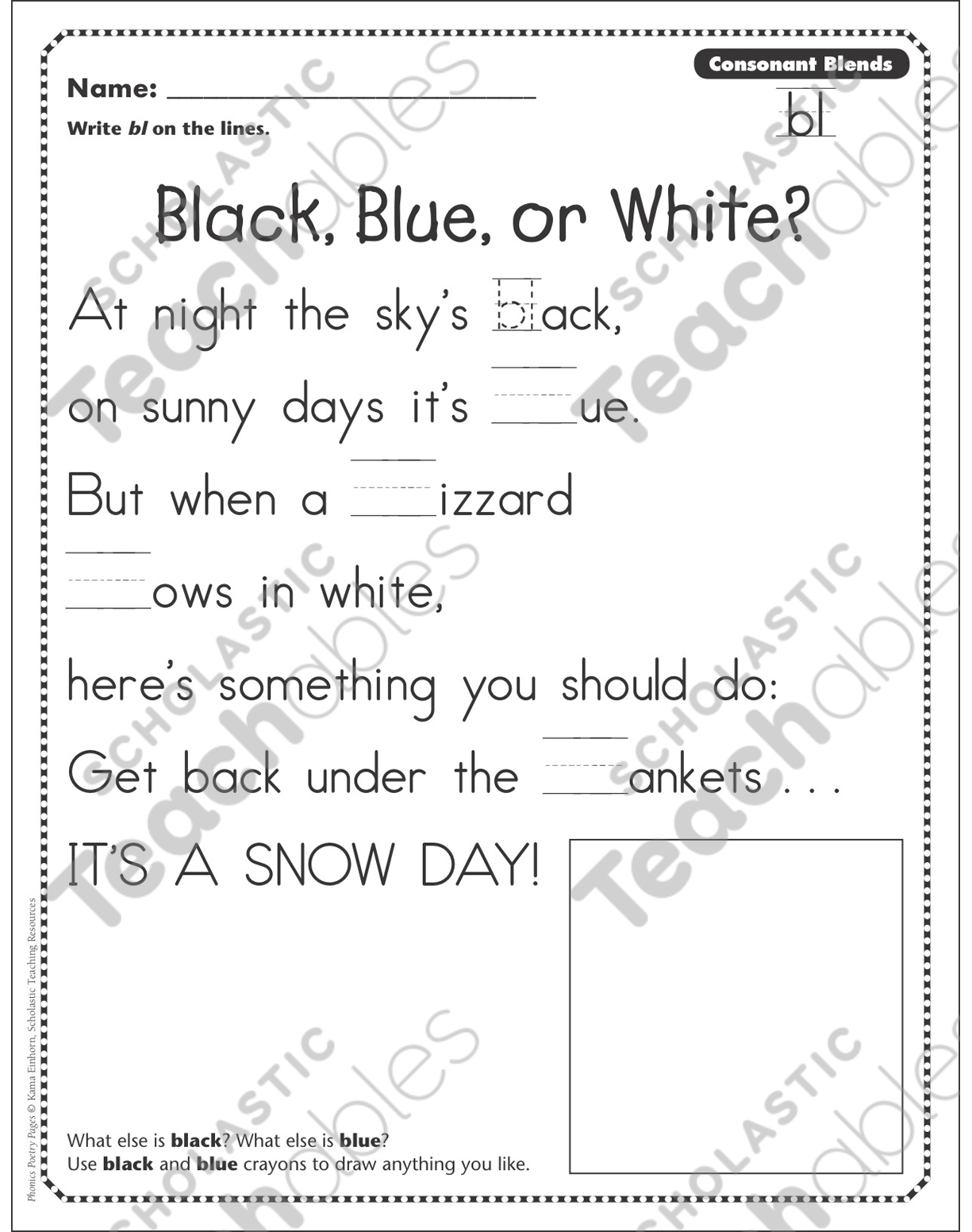 Black Blue Or White Consonant Blends Bl Phonics Poetry Page Printable Skills Sheets