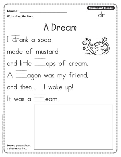 1 grade worksheet blends for r Phonics dr): Dream A Poetry Blends  (Consonant  Page