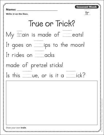 true or trick consonant blends tr phonics poetry page printable skills sheets
