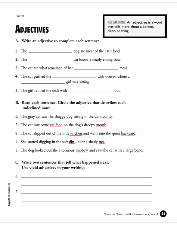 Adjectives - Grade 4 | Printable Test Prep, Tests and Skills Sheets