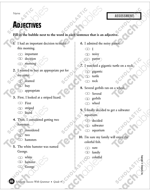 Adjectives Grade 4 Printable Test Prep, Tests and Skills Sheets