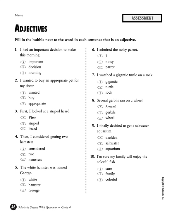 Adjectives - Grade 4 | Printable Test Prep, Tests and Skills Sheets
