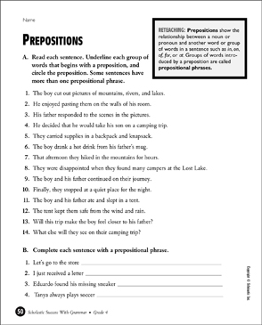 printable for 1 free grammar worksheet grade and  Prep, (Grade Printable 4) Test Tests Prepositions