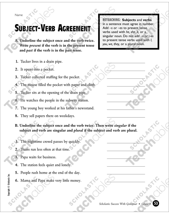 subject verb agreement grade 4 printable test prep and tests skills sheets