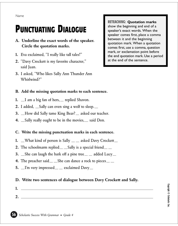 Punctuating Dialogue | Printable Test Prep, Tests and Skills Sheets