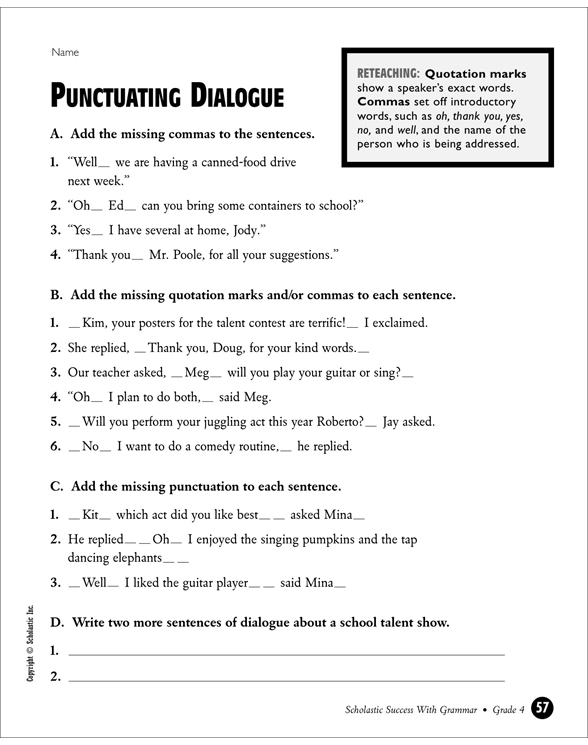 Punctuating Dialogue Printable Test Prep, Tests and Skills Sheets