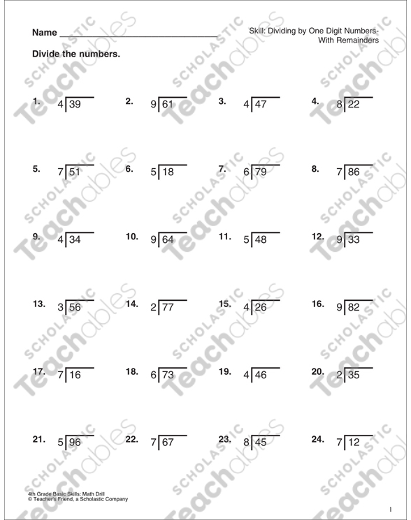 Dividing by OneDigit Numbers With Remainders Printable Skills Sheets