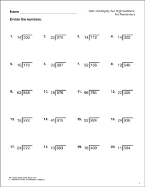 Dividing By Two-Digit Numbers — No Remainders | Printable Skills Sheets