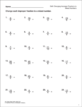 Changing Improper Fractions to Mixed Numbers (Grade 4) | Printable