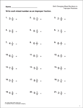 changing mixed numbers to improper fractions 4th grade skills printable skills sheets