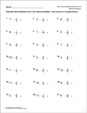 Subtracting Fractions from Whole Numbers (Gr 4–5) | Printable Skills Sheets