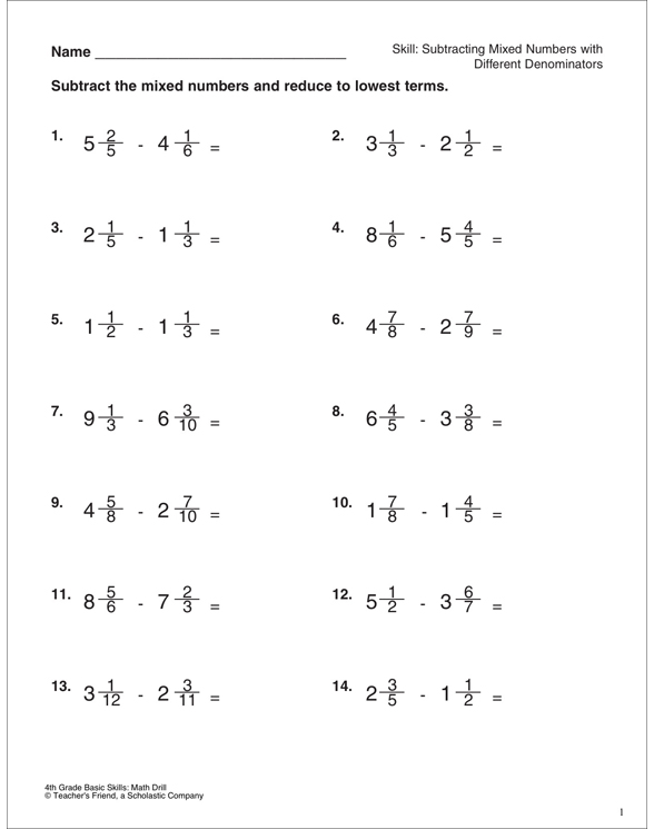 Subtracting Mixed Numbers With Same Denominator Worksheet
