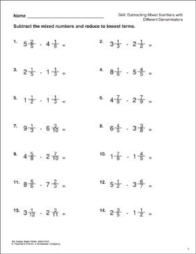 subtracting mixed numbers with different denominators grades 5 6 printable skills sheets