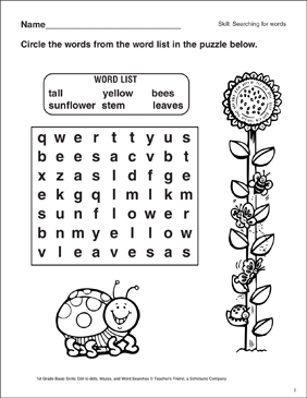 word search sunflower printable word searches skills sheets