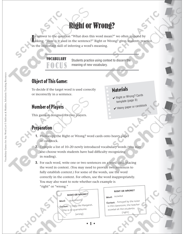 Right or Wrong?: Context Clues Game | Printable Card Games ...