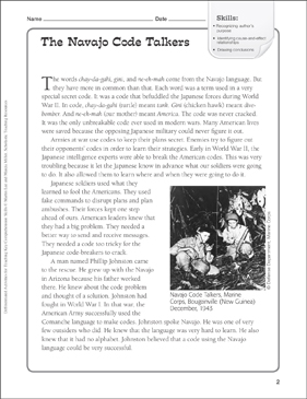 The Navajo Code Talkers: Differentiated Comprehension Activity | Printable  Texts, Skills Sheets