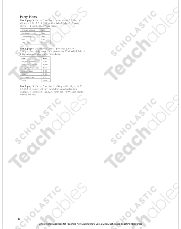 Party Plans Price Lists Tiered Math Practice Printable Lesson Plans And Ideas Skills Sheets