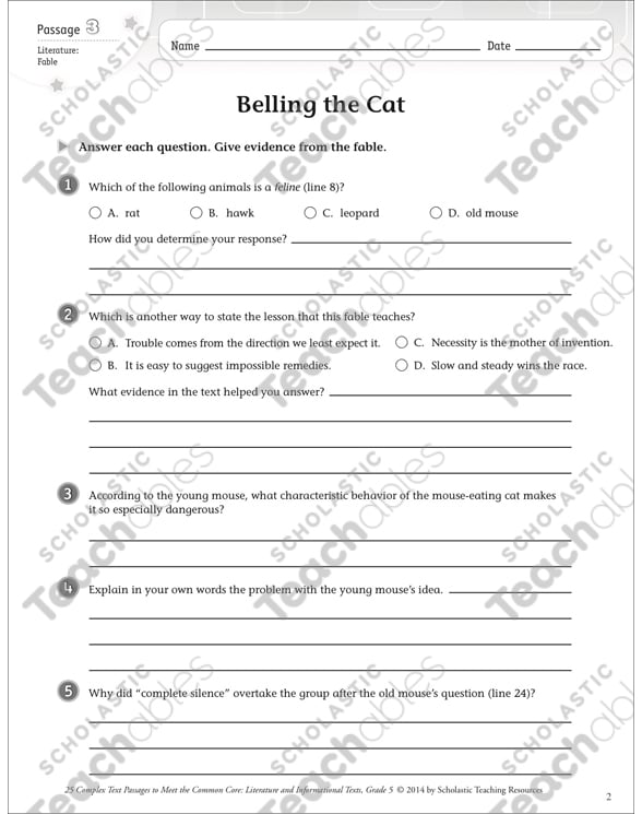 Belling The Cat Text Questions Printable Texts And Skills Sheets