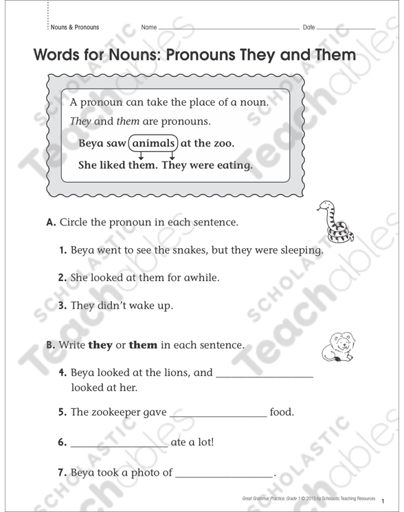 words for nouns pronouns grammar practice page printable skills sheets