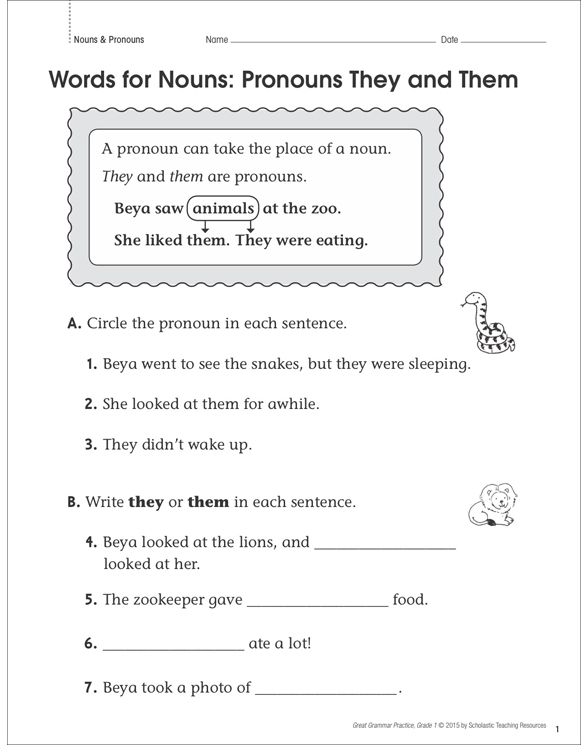 words for nouns pronouns grammar practice page